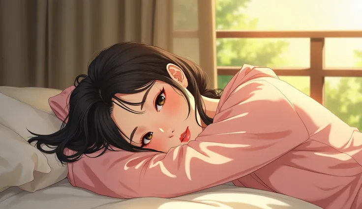 A delicate facial features of a Korean 1 girl, wearing good-looking pajamas, lying on the balcony, the Sun, the picture is comfortable, gazing towards warrior hands beneath her head illustration, 2d 8k in a smile