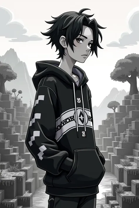 Pixel party, Black and white haired male character,wearing a black and white hoodie, background render minecraft, size 1280x1280