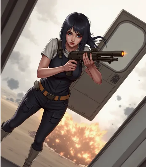 hyperrealistic drawing, An extremely beautiful woman, jet black hair, very blue eyes, small nose, full lips, very feminine features, Dressed in black military cargo pants, and a long black short-sleeved shirt, with a bulletproof vest, mounted on a helicopt...