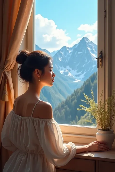 Beautiful a girl in room view window mountain 