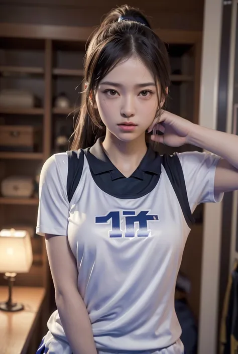 (((Basketball Player)))、(((While changing into uniform)))、Trying to put on a jacket、In underwear、(((Trying to put on a uniform)))、ponytail、Young woman、(((One girl)))、20 years old、((Muscular))、cute、(Muscular body)、Beauty、((sweat))、((Background dressing room...