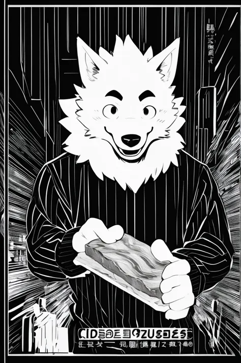 Since we are adding text, we will place it on the blank area.、Drawing illustrations for the colophon、Black and white comics、Monochrome、 Comical werewolf wearing a long sleeved black shirt、A delicious looking cartoon of meat appears before your eyes、Happy F...