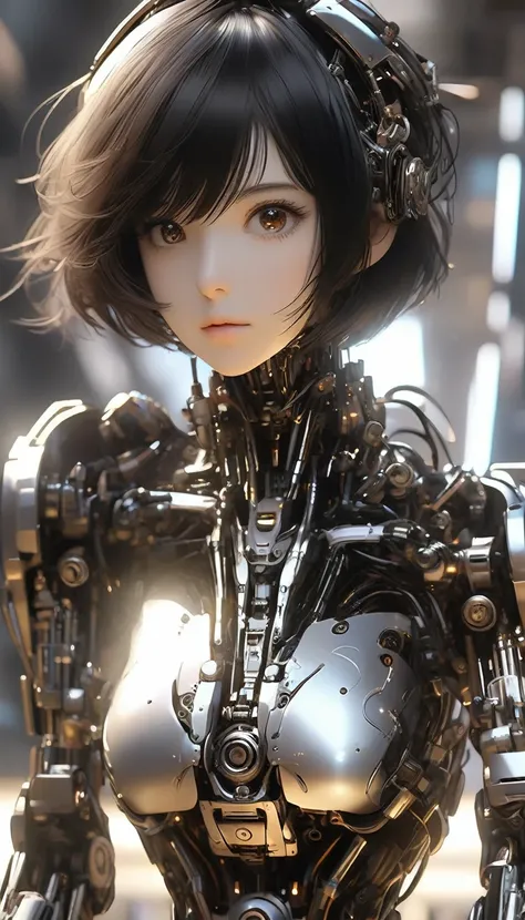 .1girl, solo, brown_eyes, mechanical_arms, breasts, looking_at_viewer, cyborg, short_hair, black_hair, bodysuit, lips, hand_on_hip, facial_mark, small_breasts, skin_tight, single_mechanical_arm, upper_body, closed_mouth, from_side, facepaint, nose.