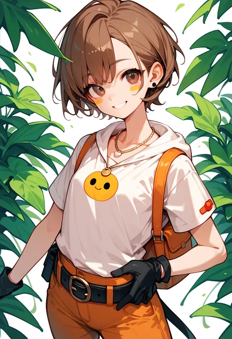 a drawing of an anime girl,  1girl, solo, pants, blush stickers, smile, brown eyes, brown hair, necklace, looking at viewer, belt, gloves, white shirt, short sleeve hoodie, open hoodei, short hair, punk girl ,skinny,