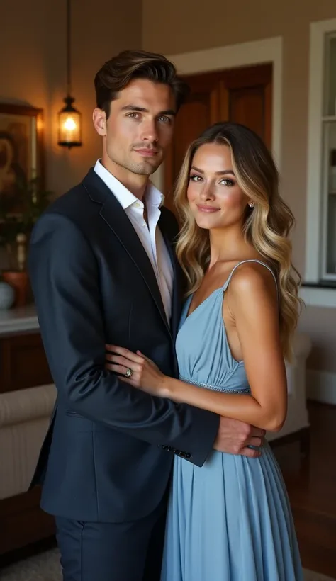 A full picture of a guy and a lady standing  with a cozy background , the guy in his late twenties wearing a suit and the lady in her early twenties wearing a blue gown, with a peaceful expression and vibrant brown eyes, has long, curly blonde hair cascadi...