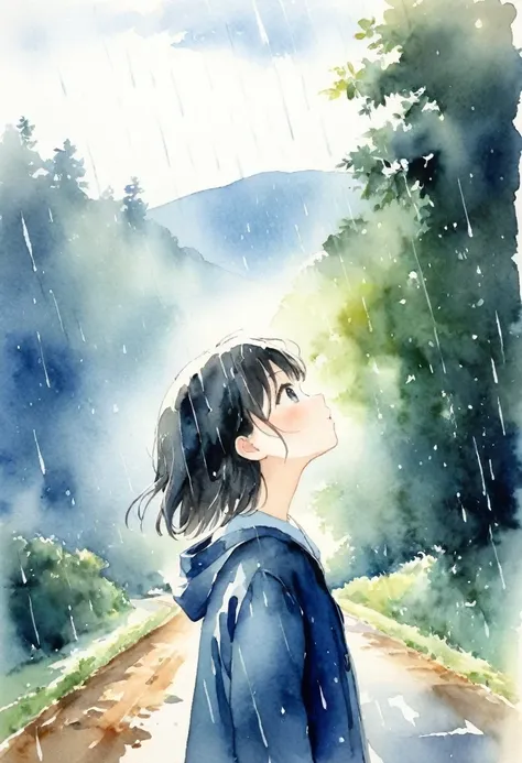 1 Girl、Upper Body、look up、Watercolor、It rains、Country Road