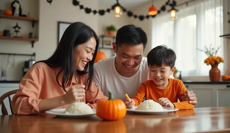 (Photorealism:1.2), A wide angle shot of a Halloween decorated kitchen. On the dining table, a 30-year-old Thai woman wearing a peach shirt is eating rice and smiling happily, and a 3 Thai man is eating rice and smiling happily. In the picture, there is a ...