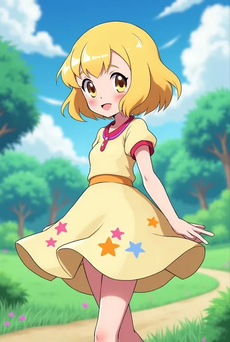 Anime serena  pokemon in short dress 
Golden hair  short 


