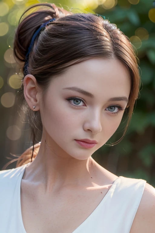 ((top-quality、8K、Photorealsitic, ​masterpiece:1.3)), 1 Japanese girl, hyperdetailed face, No makeup, Detailed lips, (black eyes:1.4), (light smile:0.7), (low ponytail:1.4),  dark Brown hair, Cleavage, halter shoulder white dress, maxi length,  (Light Parti...