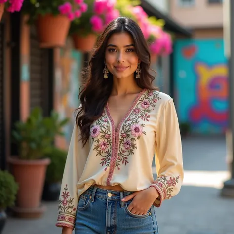 beautiful 2 Pakistani Instagram influencer confidently posing in a vibrant mix of Eastern and Western fashion. She wears a stylish, modern top with intricate Eastern embroidery paired with chic, tailored jeans. Her hair is elegantly styled, and her makeup ...