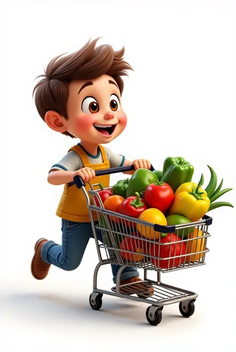 A boy pushing a shopping cart，The shopping cart is full of vegetables and fruits，Exaggerated facial expressions，Transparent background