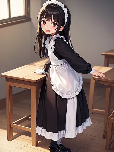 (best quality), (beautiful), (masterpiece), 1girl, 14years old, white made apron, maid headband, miniskirt, smile, open mouth, full body, long hair, black hair, brown eyes, standing, outstretched arm, looking at viewer, classroom, from side, 