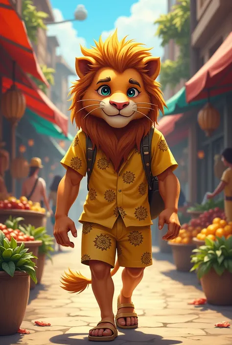 Create an image of a cute young lion-headed man, wearing a yellow Hawaiian shirt and shorts, walking in the market.