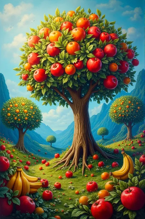 Fruit Trees: Lila painting colorful fruit trees that instantly grow, full of apples, oranges, and bananas.Fruit Trees: Lila painting colorful fruit trees that instantly grow, full of apples, oranges, and bananas
