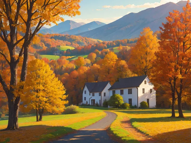 An autumn countryside path lined with colorful trees, leading to a farmhouse nestled among the hills, landscape