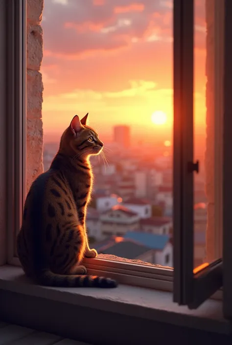 Tabby cat leaning on an apartment window watching a beautiful sunrise.