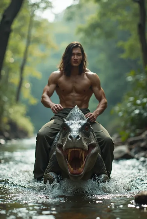 Korean man with long hair, six pack body, trousers riding a big  T-rex, down a river, in the forest, with soft lighting, 8k, UHD, detail.