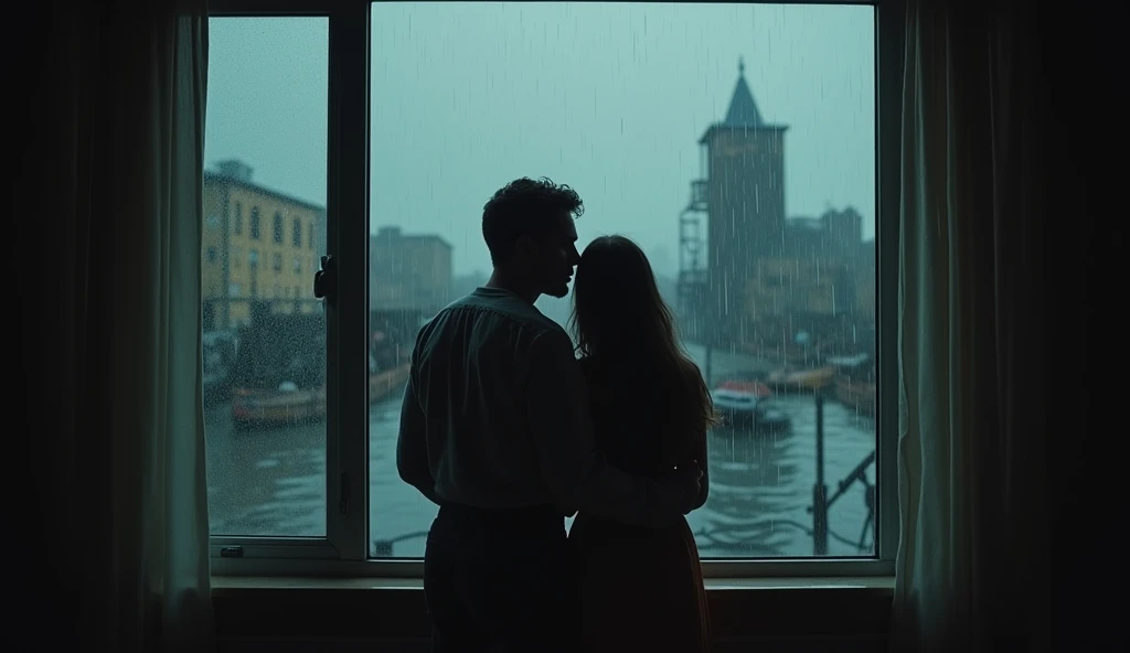 Zoom in slowly through a rain-soaked window of the house, where the couple stands close together, their faces lit by dim light, gazing out at the apocalyptic scene of water and decay outside.