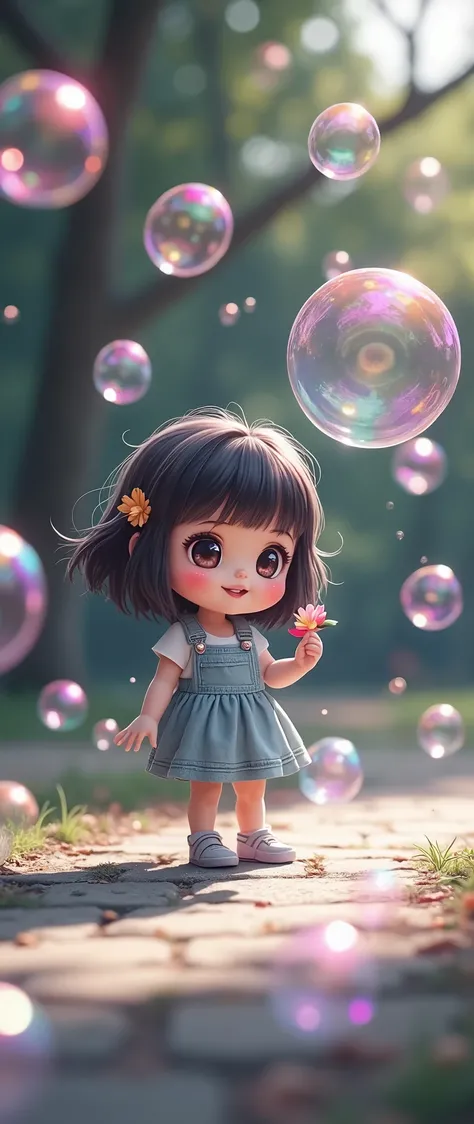 black and white image of&#39;a cute chibi manga girl playing smiling with soap bubbles in a park, many soap bubbles are transparent and cosmic colored and very colorful with many colors in a very soft gradient, image d&#39;up, focus on the soap bubbles, bo...