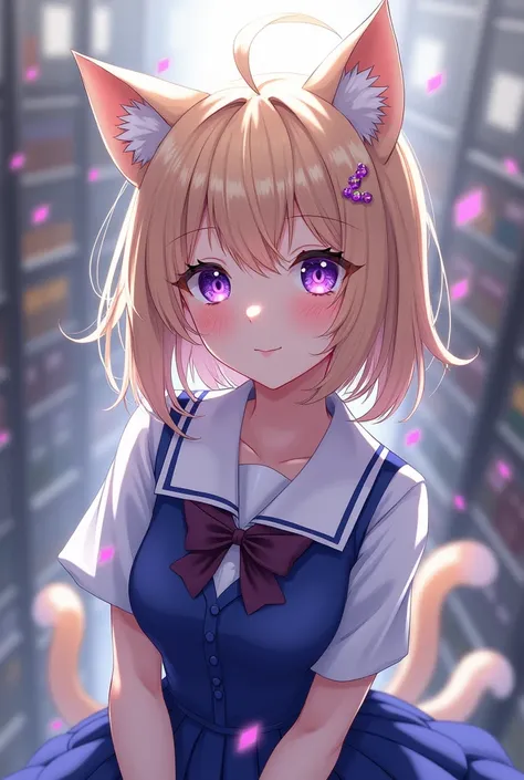 Mafuyu Leo a Neko girl,Medium blonde with tiny purple hair strands on front hair ,purple eye ,wearing blue school uniform dress,age 