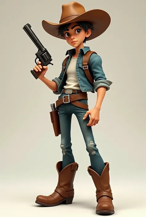 High school boy, Tall, cowboy clothes, holding a revolver, Animation character, masterpiece, highest quality, cowboy hat