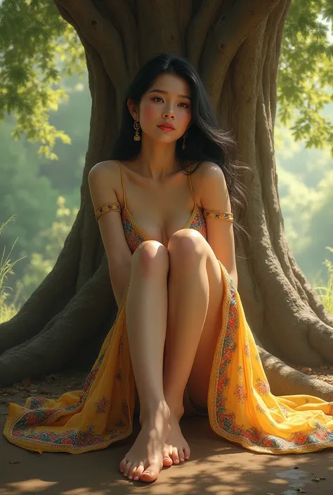 A girl with beautiful legs with wearing Burmese traditional dress is sitting under the tree . Yields legs, feet and instep. Sexy. Art of legs. Sightly big boobs. Realistic.