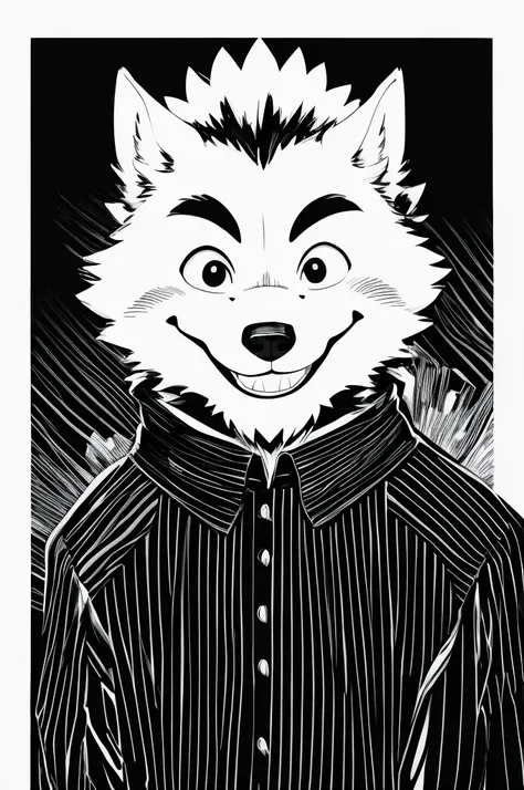 plain background、whiten the background、monochrome、 comical werewolf wearing a long sleeved black shirt、a delicious looking carto...