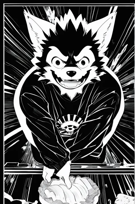 plain background、whiten the background、monochrome、 comical werewolf wearing a long sleeved black shirt、a delicious looking carto...