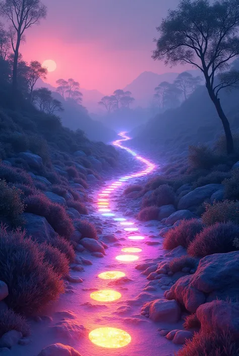 A glowing, colorful path winding through a vibrant, surreal landscape, with footprints lighting up the trail, leading towards a distant horizon