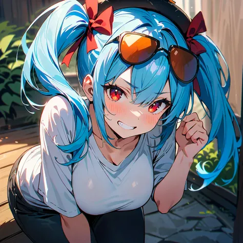 Top quality, masterpiece, high resolution, 8K, light blue hair with a red ribbon, twin tails tied high on the head, red eyes, scratched teeth, fearless smile, large breasts, white shirt, pants, on the head sunglasses on