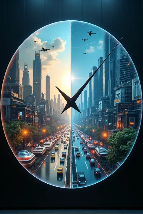 a clock that shows the present and future visions for a better future please shows that the other side shows the advance technology meanwhile in the other side the present, with lots of details about the visions 