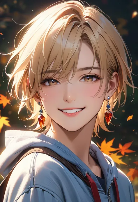 (Best Quality,4K,8k,High resolution,masterpiece:1.2),非常にdetailed,Vibrant colors,Beautiful details,Low contrast、Blonde、male、18歳のmale、High school boy、One person、Realistic Lighting、School、、Earrings、Face Focus、smile、明るいsmile、(masterpiece), (Best Quality: 1.0),...