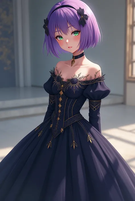 Short purple hairs girl and she have green eyes in full dress 