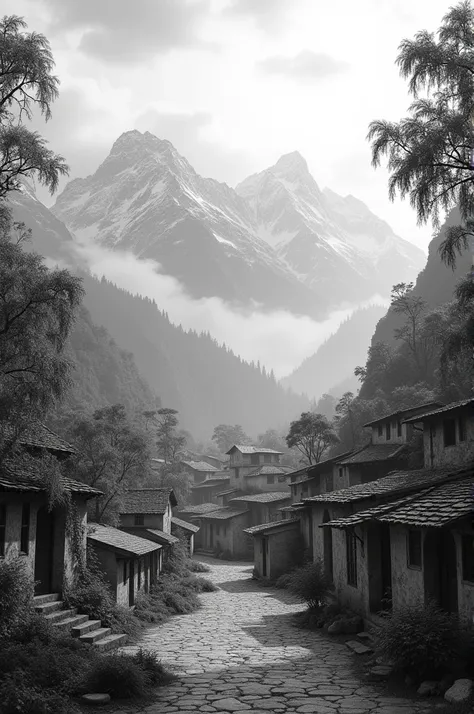 A picture of Indian small town surrounded with trees and mountains in black and whute