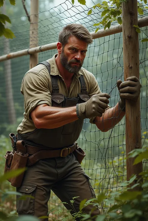 Gambar hyperrealistic, a man installing chicken wire for an animal cage