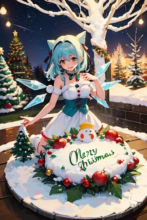 Cirno and Aya Shameimaru are having a Christmas party　White Christmas　quiet night lake　Powdery snow falls　Christmas tree　Christmas Cake　illumination　Meteor Shower　大きなChristmas Cake　A lively Christmas party　My breasts are small