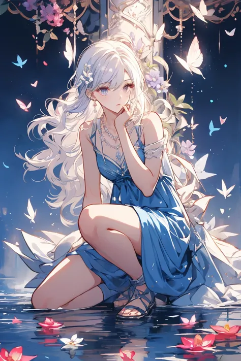 Sweet girl clothes2,pearl necklace,blue dress,flower, ((knee shot)), One hand resting on his lips、There are white butterflies around the hair.，Lilac dendrobium、orange lily、white lilies、1 girl in、fully body photo、White hair、floated hair、Hazy beauty、A plump ...