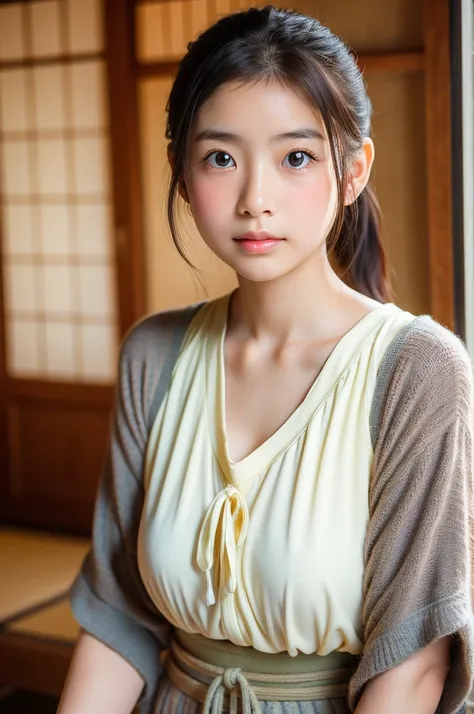 (Beautiful  Japanese female), cute face, (deeply carved face:0.7), (freckles:0.6), soft light,healthy white skin, shy, ponytail, (serious face), (sparkling eyes), thin