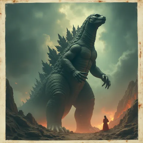 Renaissance style godzilla cover in electric 
Polaroid esthetic 
Elegant 