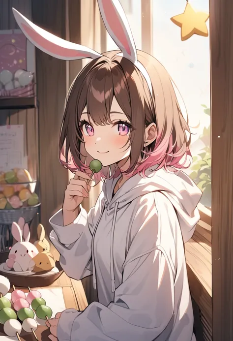 good looking, Alone, 1 female, Medium Hair, Brown Hair, Pink highlights on the tips, Light pink eyes,Smile Facial，Bunny ears，White hoodie，Star，Dango，morning