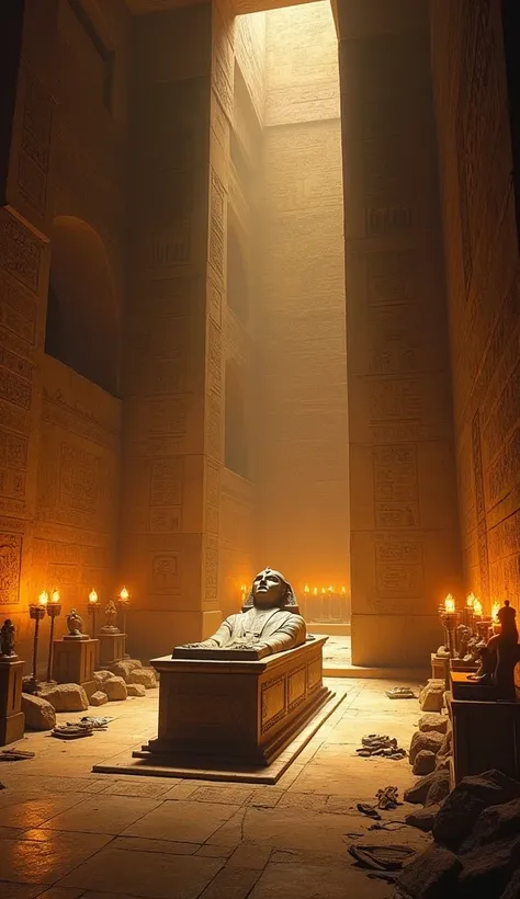 Prompt: Illustrate the interior of the Great Pyramid with a majestic, dimly lit chamber that is said to be Pharaoh Khufu’s tomb. The walls should be smooth, with engraved hieroglyphs, and the chamber should feature a large stone sarcophagus in the center, ...