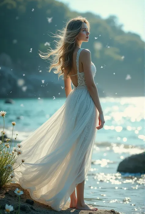 Mysterious atmosphere, mood, celestial quality, realistic, beautiful and aesthetic, alone, beach, flowers, nature, fluttering white snowflakes, (double exposure through transparent figure of beautiful woman on background), (glowing atmosphere, enchanting l...