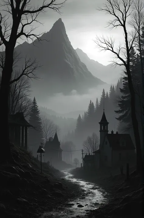 A city town picture surrounded with trees and small mountains black and white horror movies
