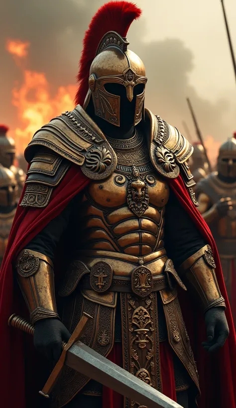 Egyptian haunted emperor Alexander the great in the great roman haunted cursed war armor fearsome expression, looking directly at camera, Roman war background, highly detailed, photorealistic, 8k, cinematic lighting, epic, dramatic colors, masterpiece, hol...