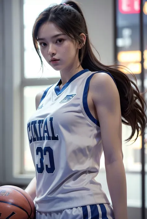 (((Basketball Player)))、Basketball Uniform、(((Changing clothes)))、ponytail、Young woman、(((One girl)))、20 years old、((Muscular))、cute、(Muscular body)、Beauty、((sweat))、((Background dressing room))、best quality,4K,8k,highres,masterpiece:1.2),ultra-detailed,(r...