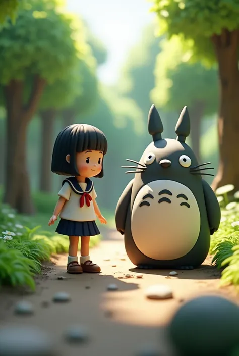 clay animation style, a school girl, totoro, inspired by ghibli, clay texture, miniature, forest, morning