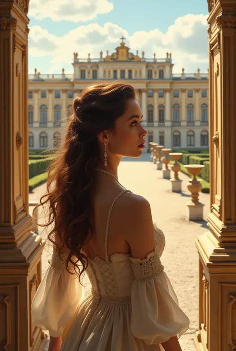 A beautiful woman stands looking at the courtyard in the background, which is the Palace of Versailles in France.