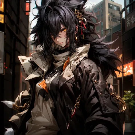 man,Black Fox Man,Black fox tail,Golden eyes,coat,city,chain