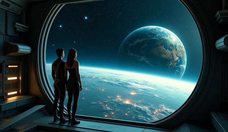 (photorealism:1.2)Inside the spaceship, the couple stands by a large circular window, gazing at the distant Earth, engulfed in darkness. The vast emptiness of space surrounds them.
