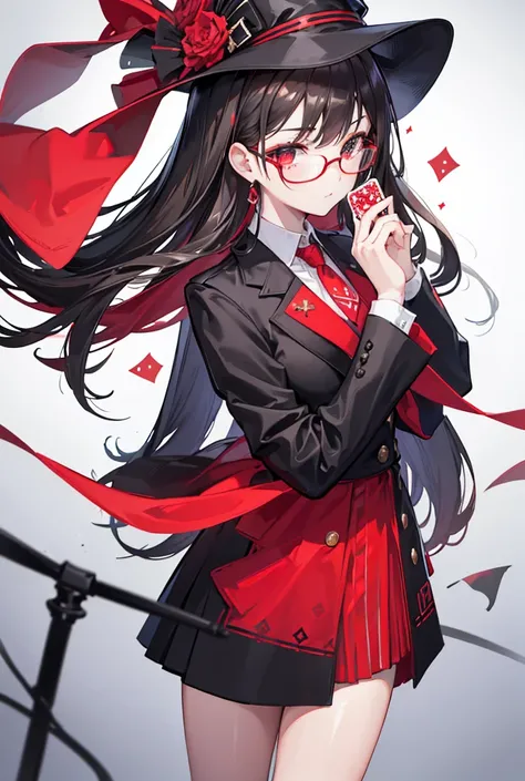 Standing portrait, Central Focus, Centered, Fully in-frame, Solo, Standing still, zoomed out

Gender: Female

Appearance: young girl with long dark hair, She wears glasses and a suit tie, red chupalla hat, sleek modern sophisticated red and black dress wit...